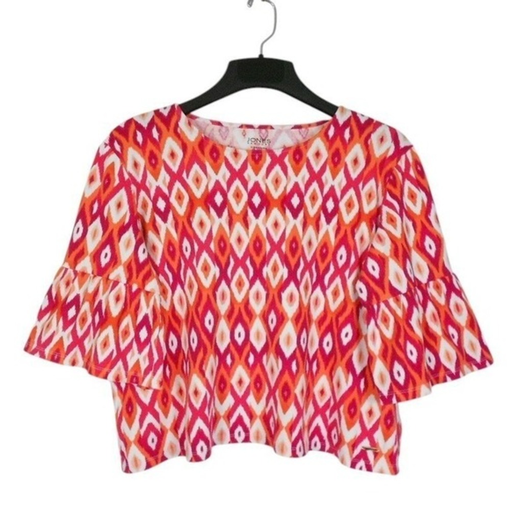 Jones New York Signature Womens Top XL Pink Multi Short Ruffle Sleeve Ikat Print